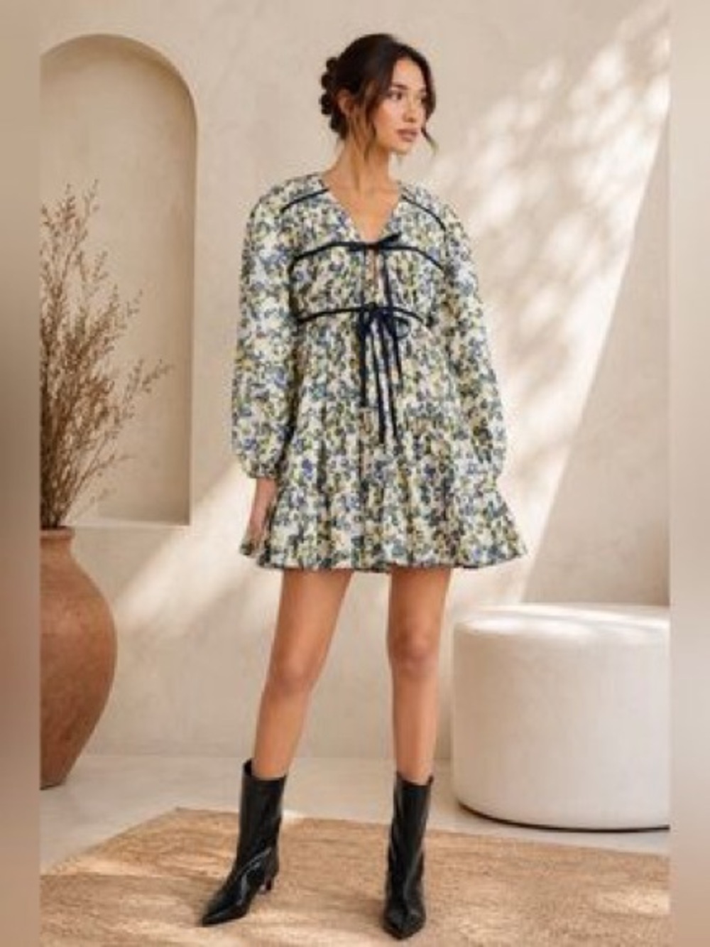 Merlette Floral Blue, Yellow & Green Floral V-Neck Dress